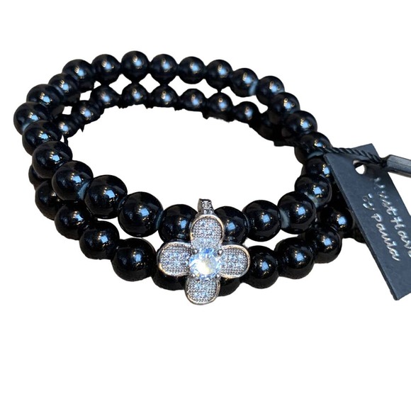 New Black Beaded Bracelet w Rhinestone Clip & Bonus Silver Knuckle Ring - Picture 2 of 3